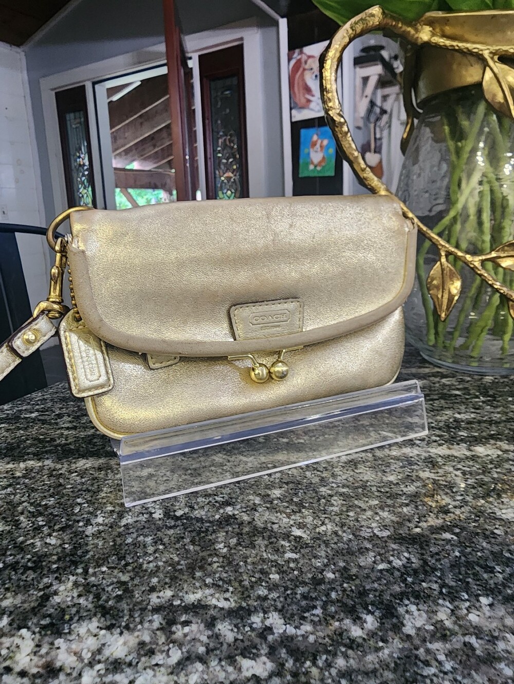 COACH 65th Anniversary Legacy Kiss Lock Metallic Gold Leather Wristlet- 2006